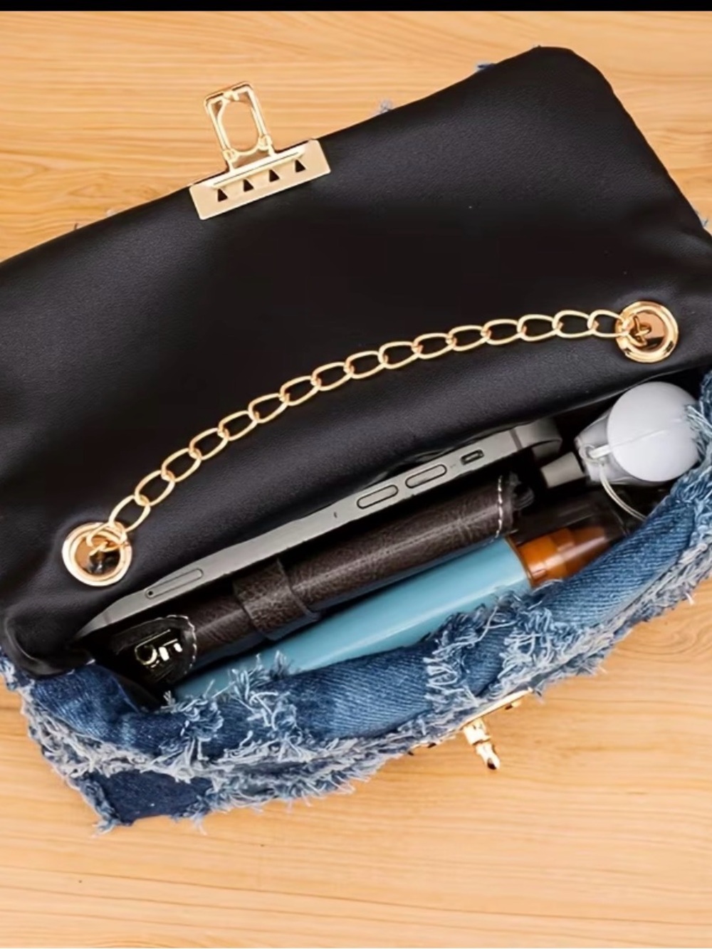 Denim Fringe Crossbody Bag with Gold Chain - Picture 4 of 4